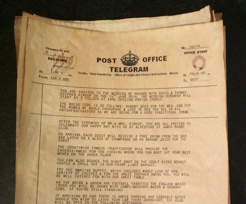 Hand Made, Vintage English Telegram/Telegraph Theme, Wedding Invitations.