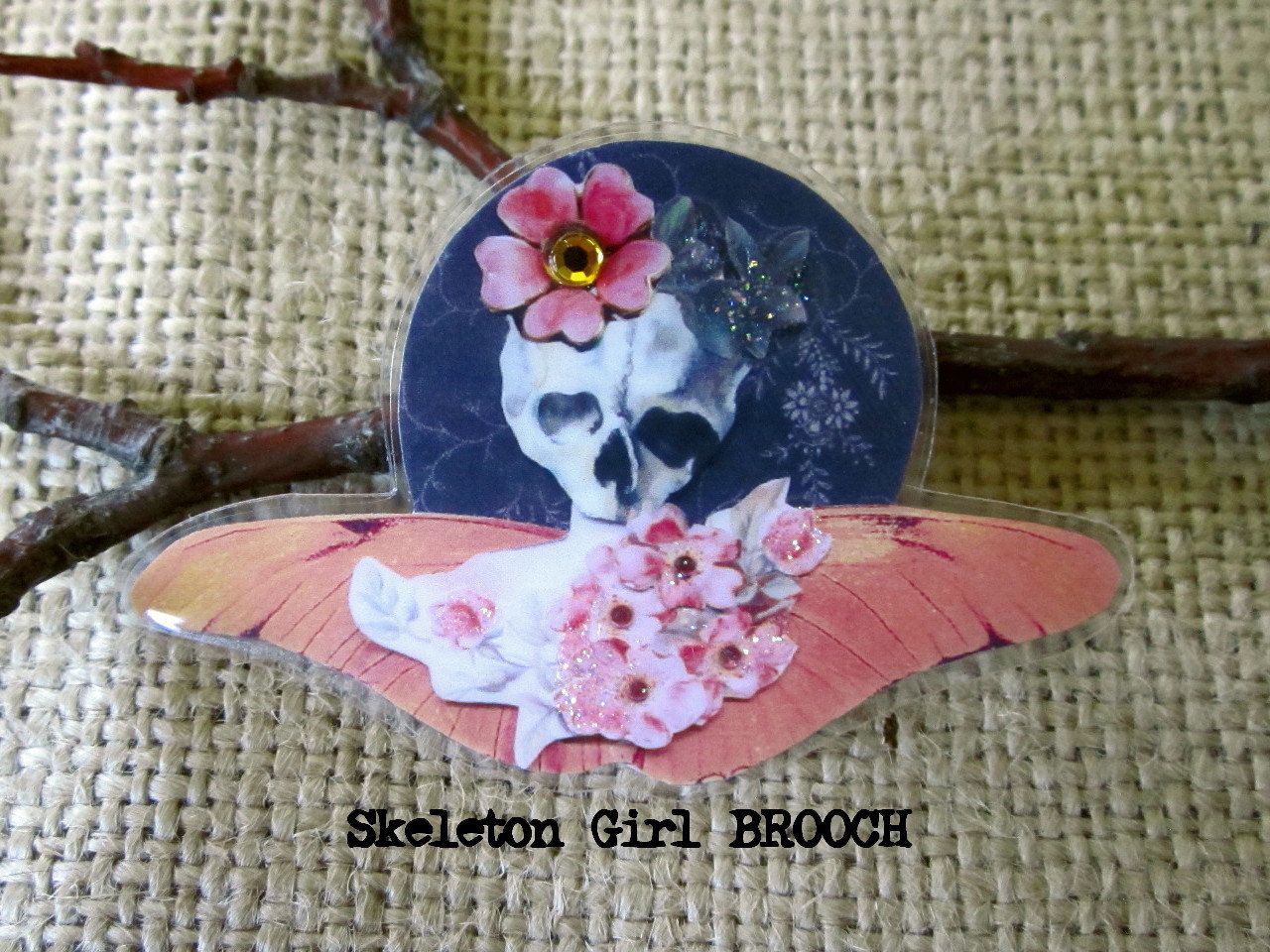 Skull Girl With Cherry Blossoms Brooch