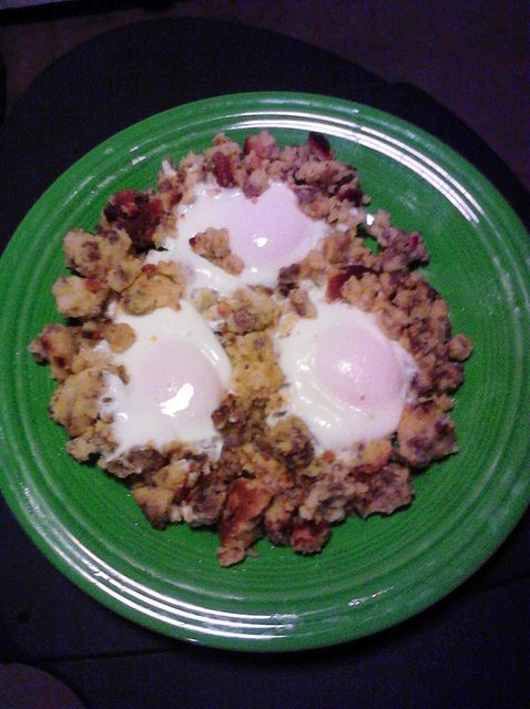 Poached Eggs Over Stuffing Leftovers