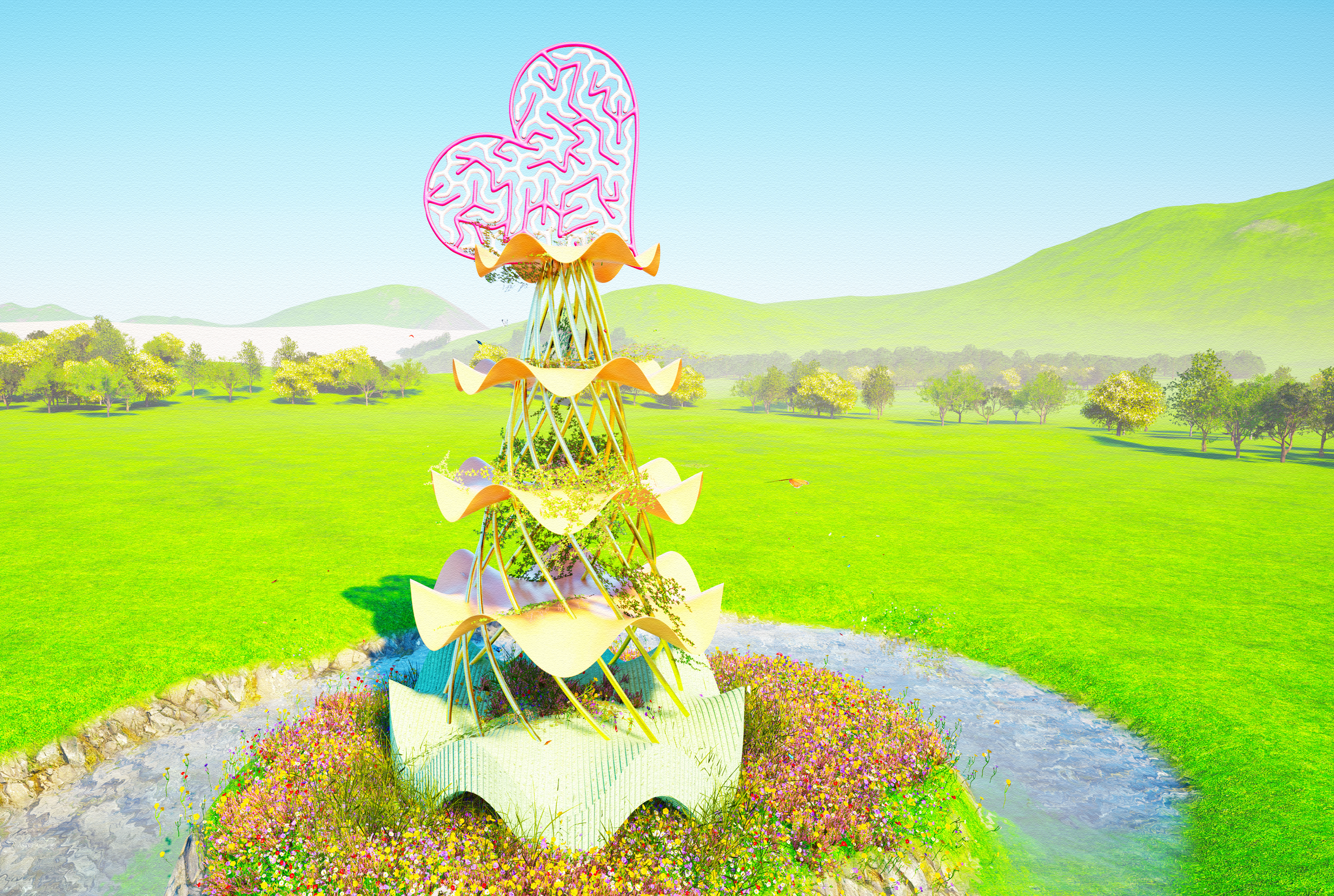 Digital Art: Heart Maze and Waving Conical Surface Sculpture