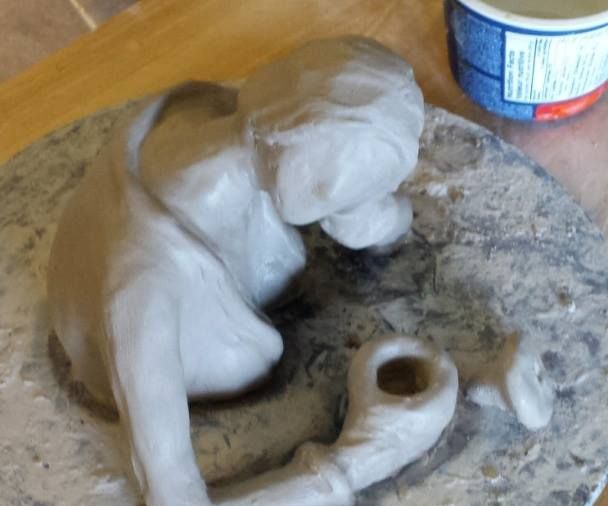 Ceramic Figurative Sculpt, 'Morning Cuppa', Firing Problem Caused Failure