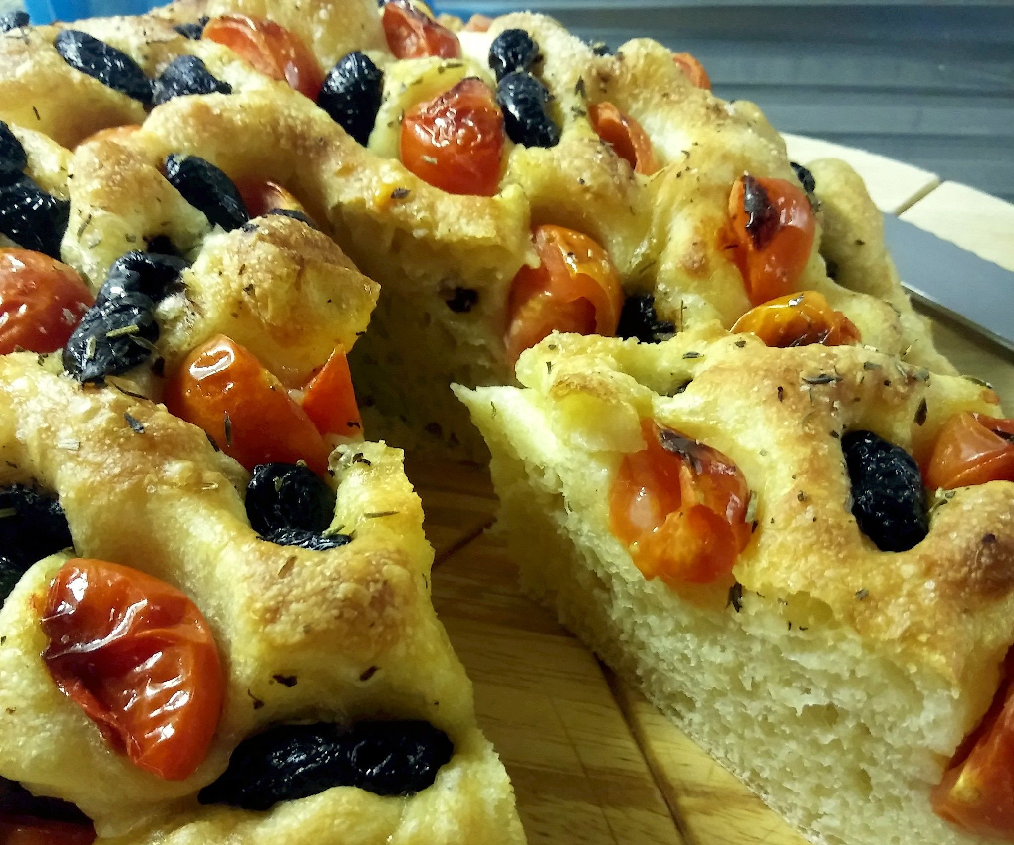 Apuglian Focaccia Soft Bread With Olives and Cherry Tomatoes