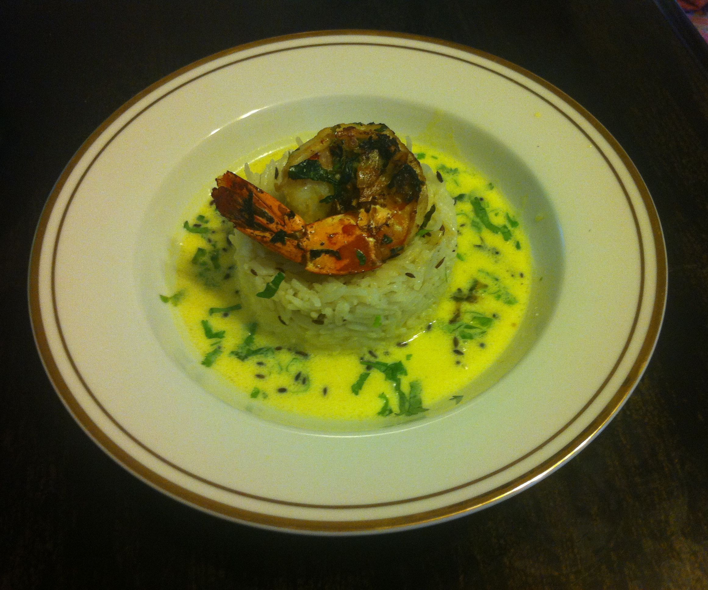 Grilled Tiger Prawns With Yogurt Coconut Chutney, Cumin Rice and Kale Salad