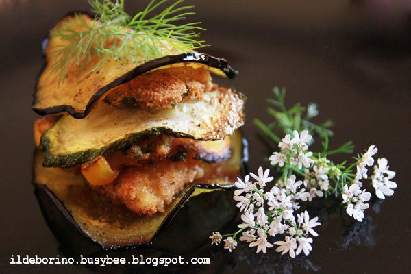 Fried Vegetables and Breaded Fish Fillets Stacks