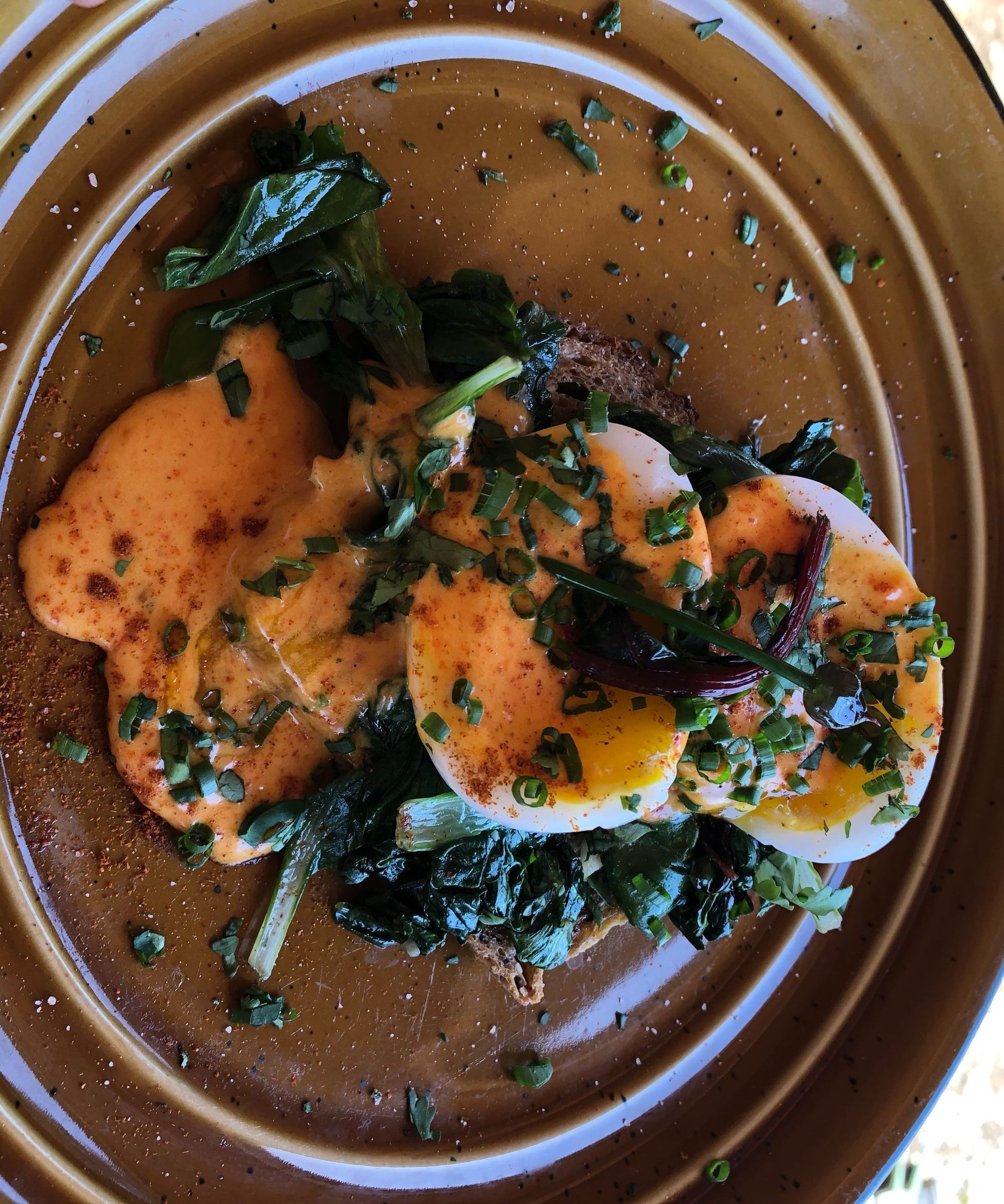 Soft Duck Eggs Benedict With Roasted Poblano Hollandaise and Wild Greens