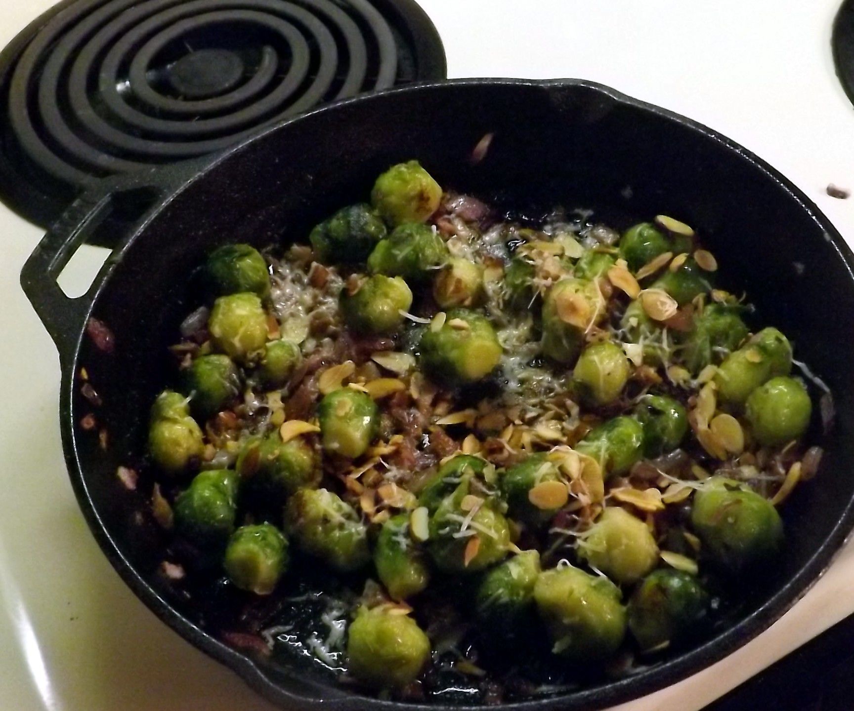 SAUTEED BRUSSELS SPROUTS WITH PARMESAN, PROSCIUTTO, & TOASTED ALMONDS