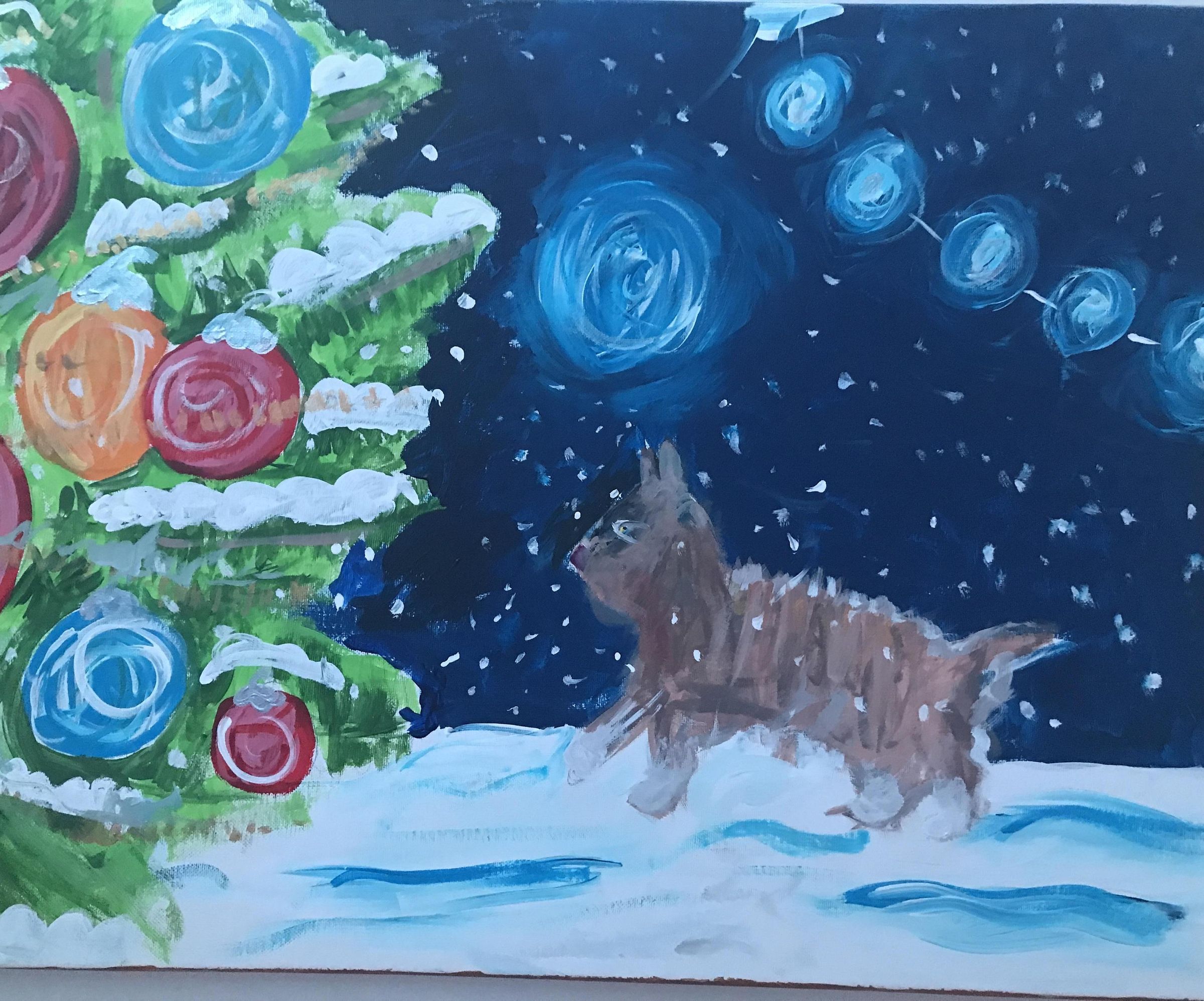 How to Paint a Cat Reaching to a Christmas Tree 
