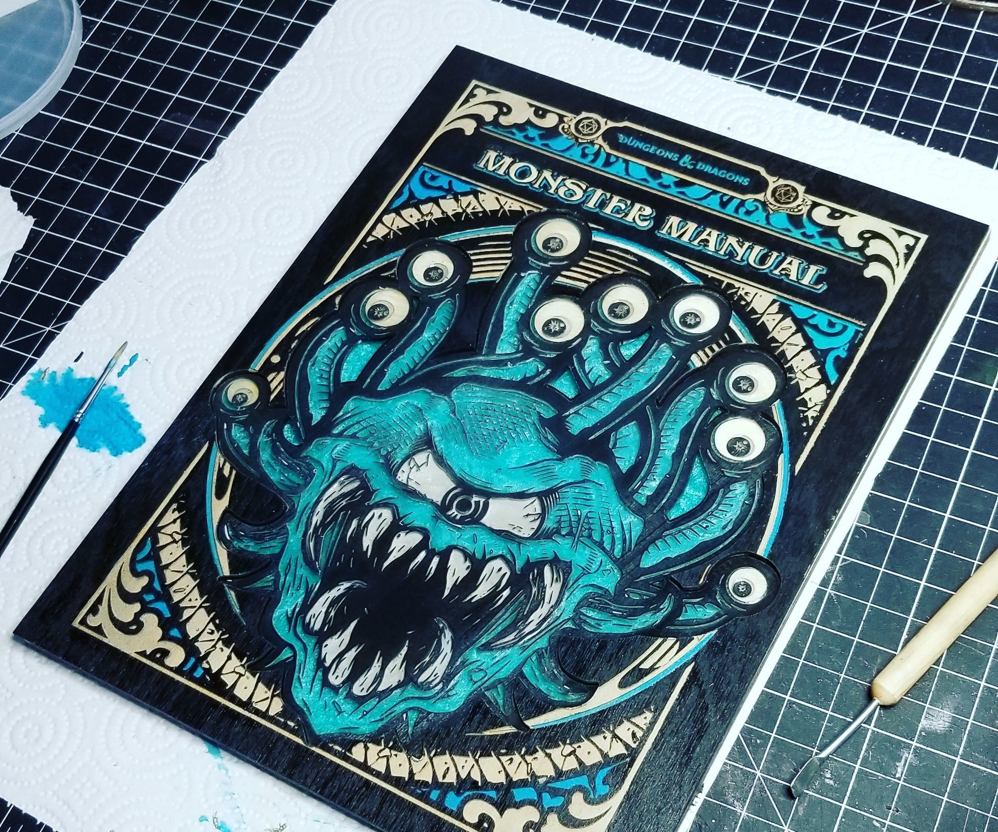 Monster Manual Cover Art Made From Wood and Resin