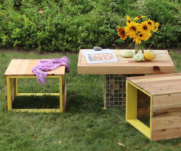 Pallet Wood Bench and Gabion Table