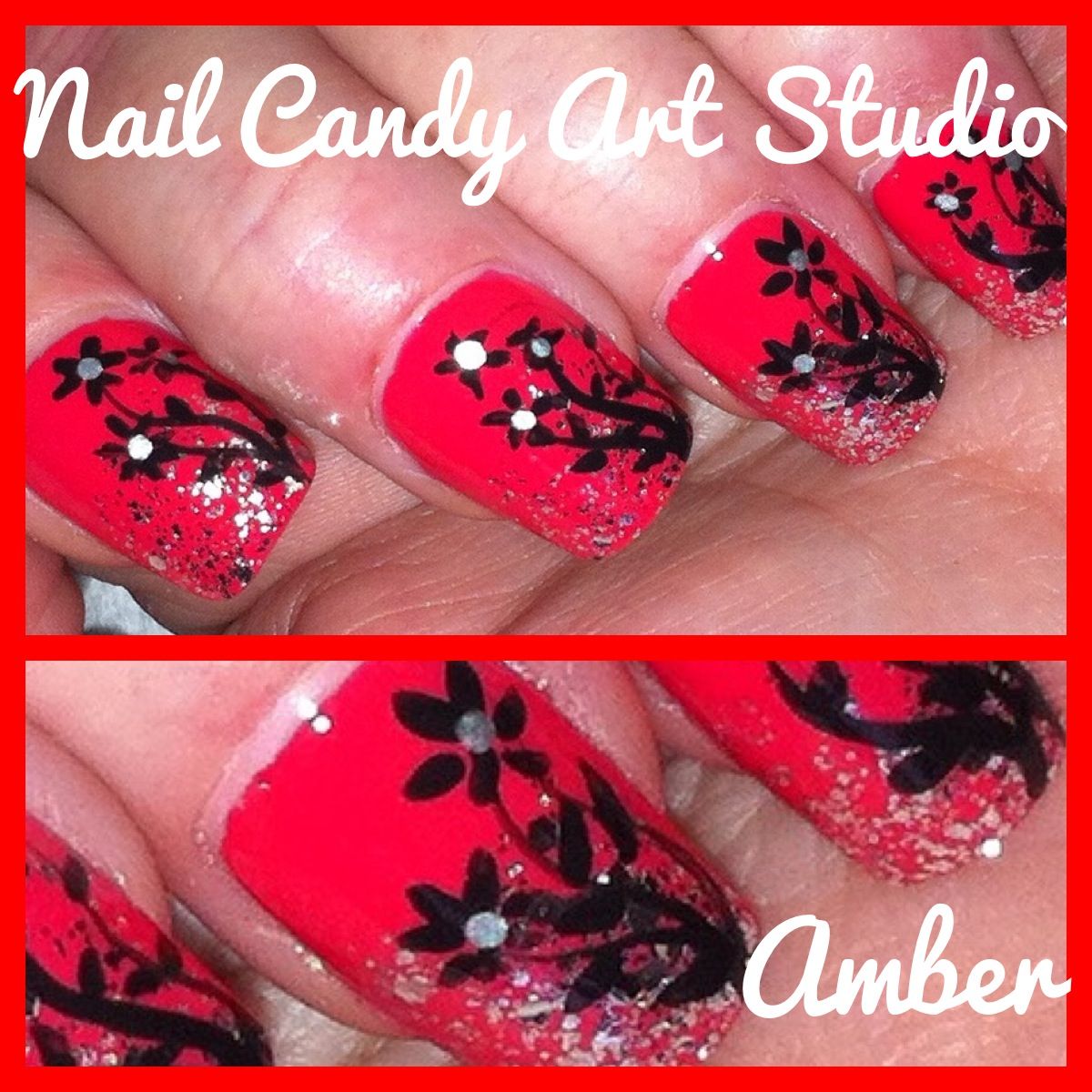 Coral Nail's With Black and Silver Flowers