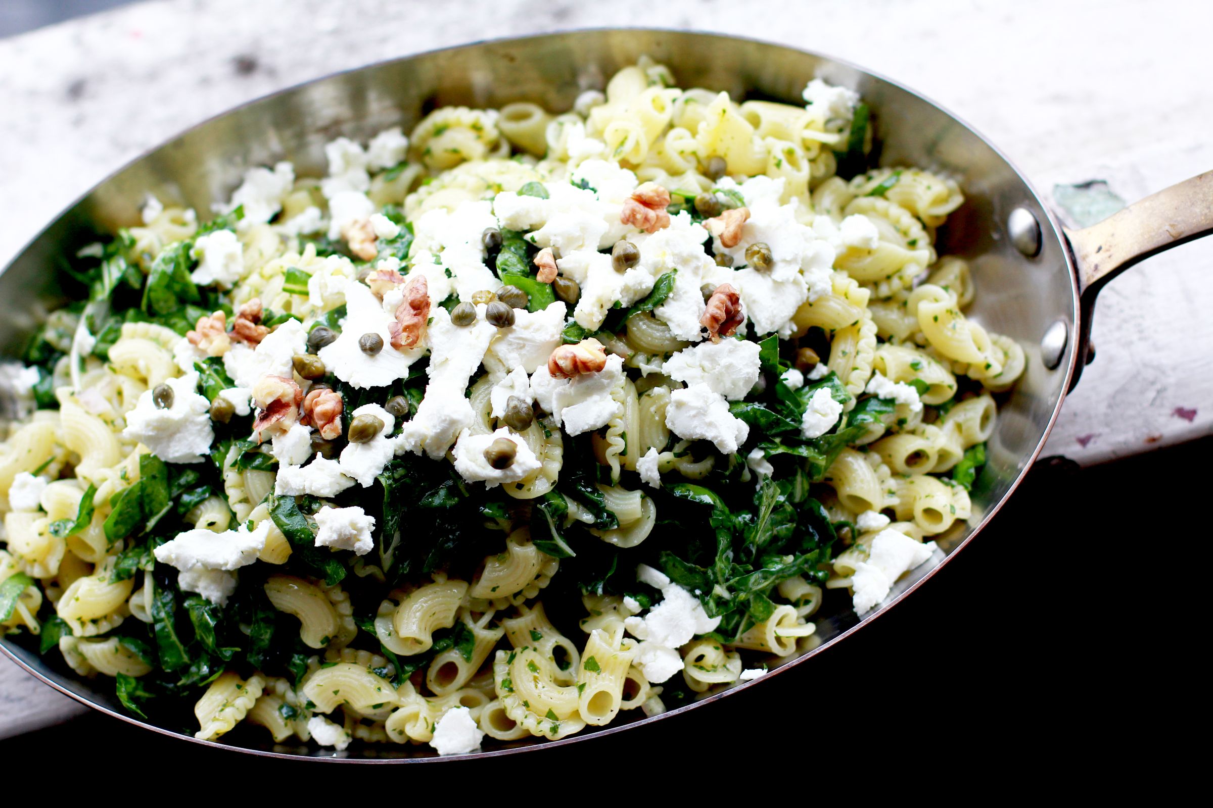 Pasta With Chard, Lemon, Goat Cheese, and Walnuts
