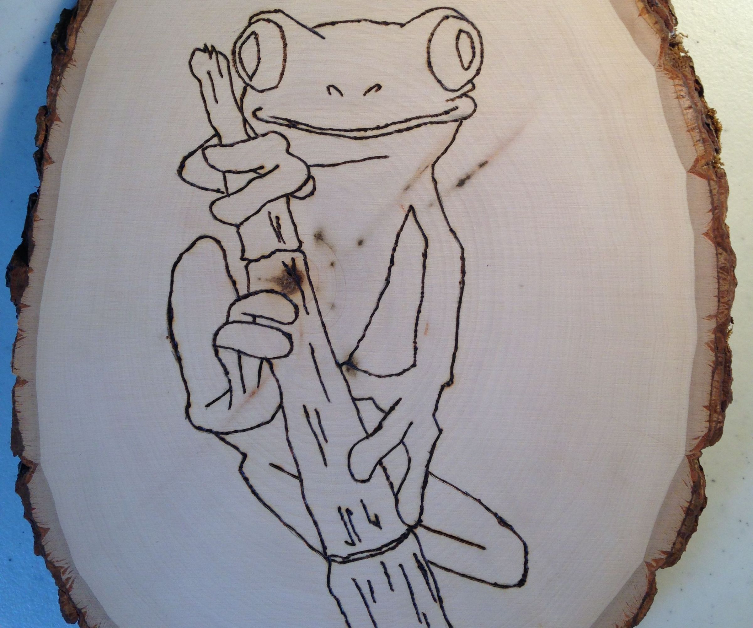 Wood-burning of Tree Frog on Natural Edged Wood