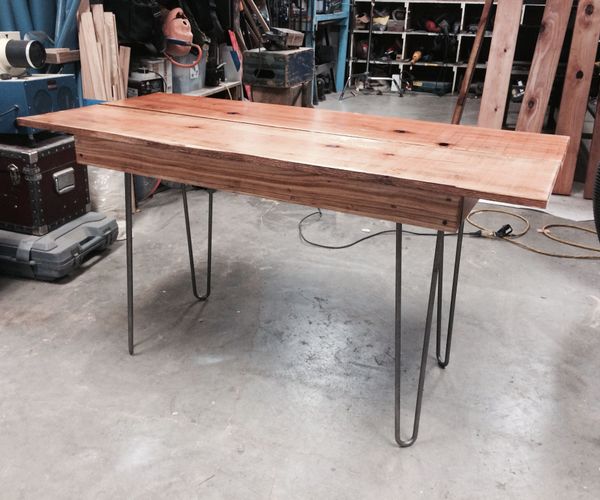Redwood Fence Office Table With Hairpin Legs