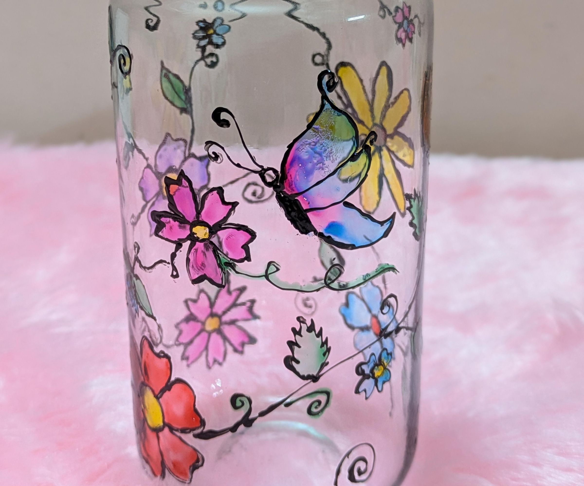 Hand-Painted Cascade Flowers on a Glass Vase