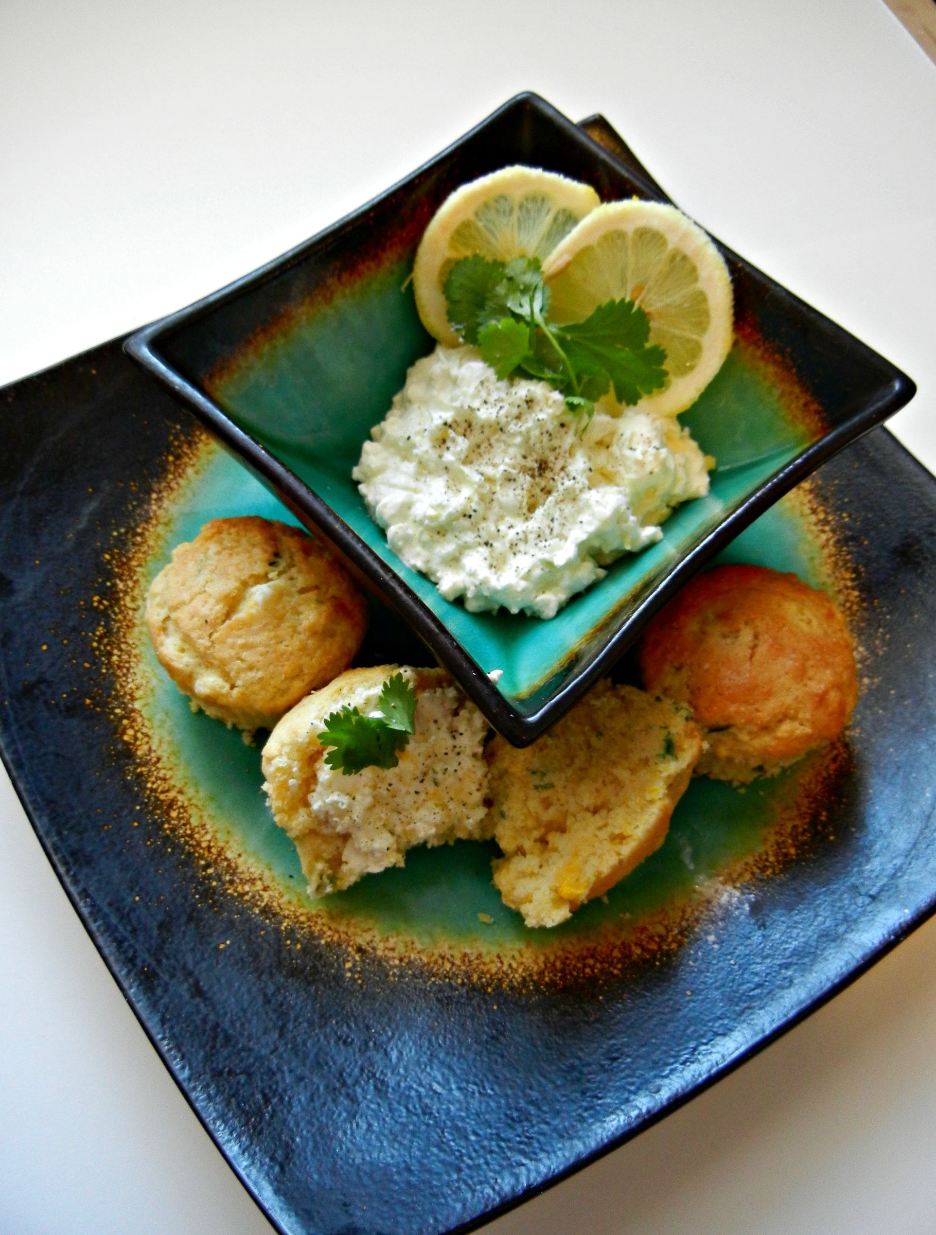Honey Cilantro Garlic Cornbread Muffins With Lemon-Lime Cream Cheese Spread