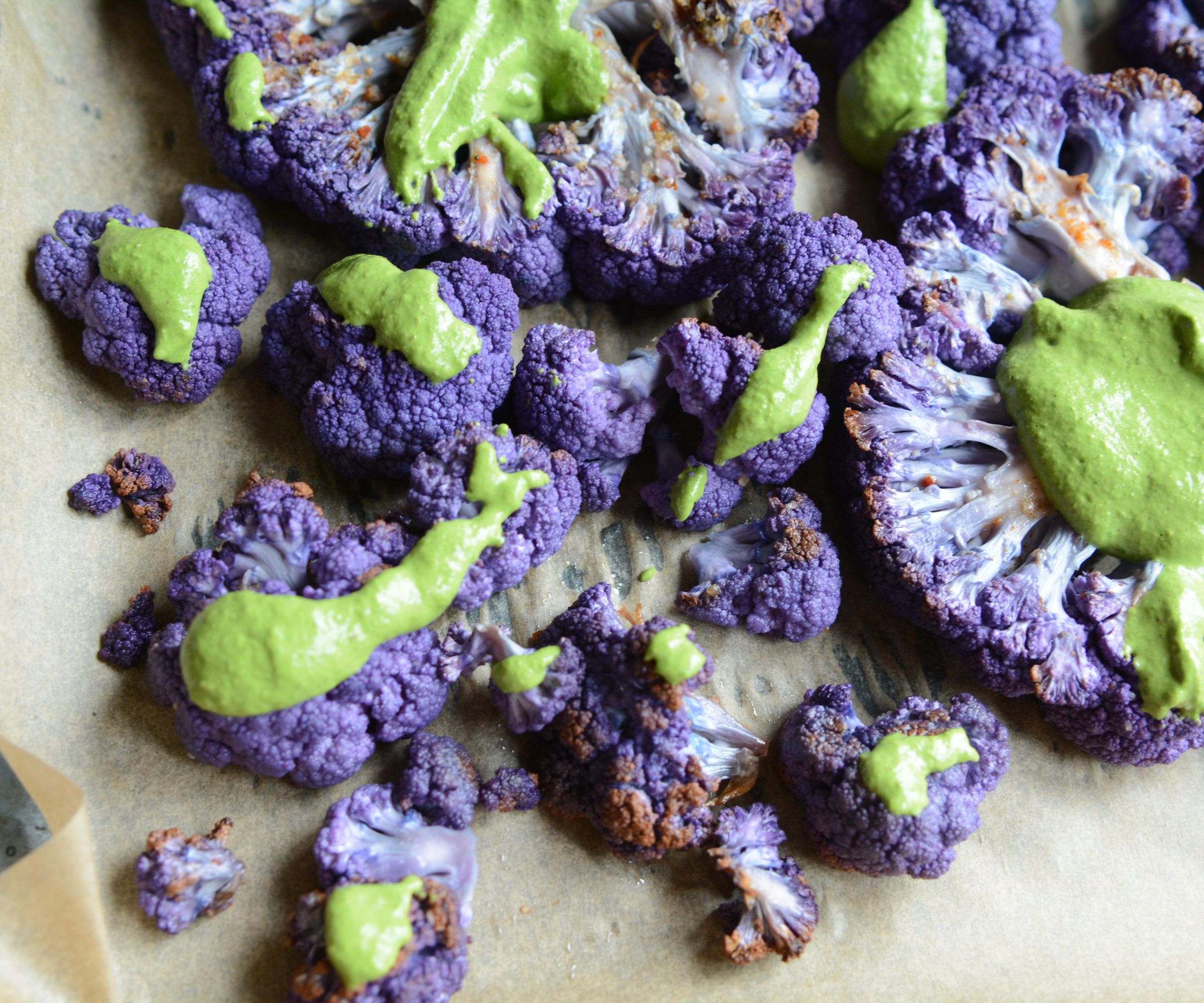 Purple Cauliflower Steaks With Pistachio-Spinach Pesto 