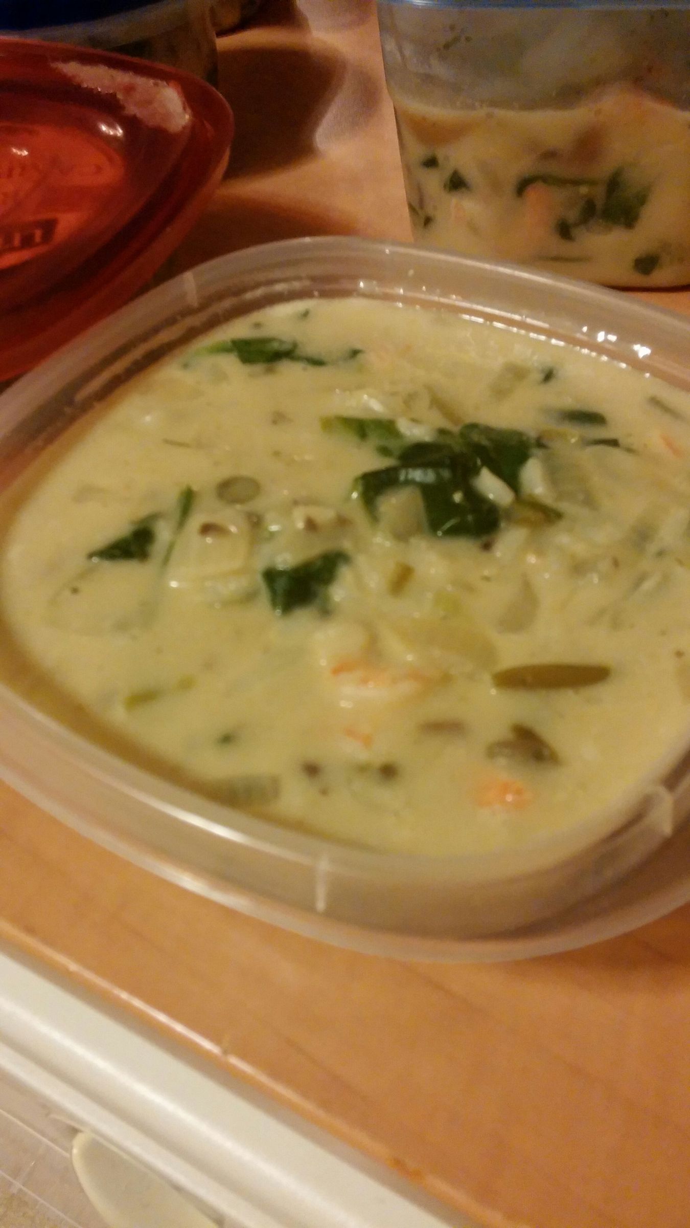 how to turn canned soup into a filling meal, shrimp veggie mushroom curry soup