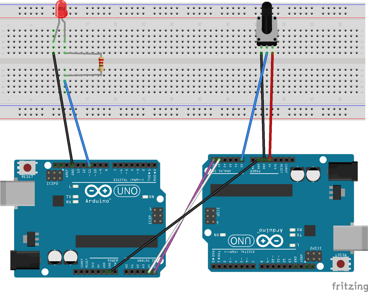 I2C Between Arduinos With Potentiometer and LED