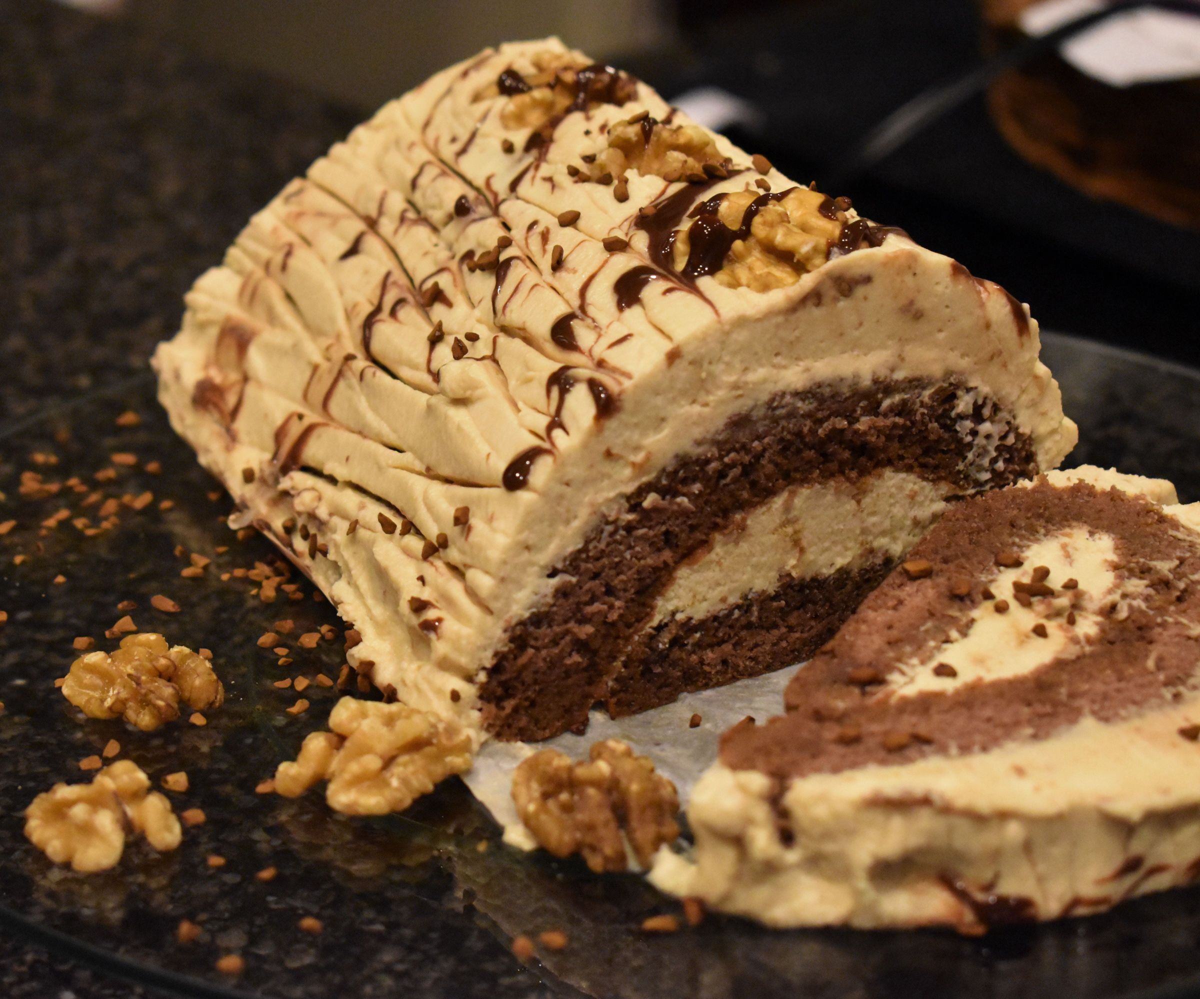 Walnut and Coffee Yule Log Cake