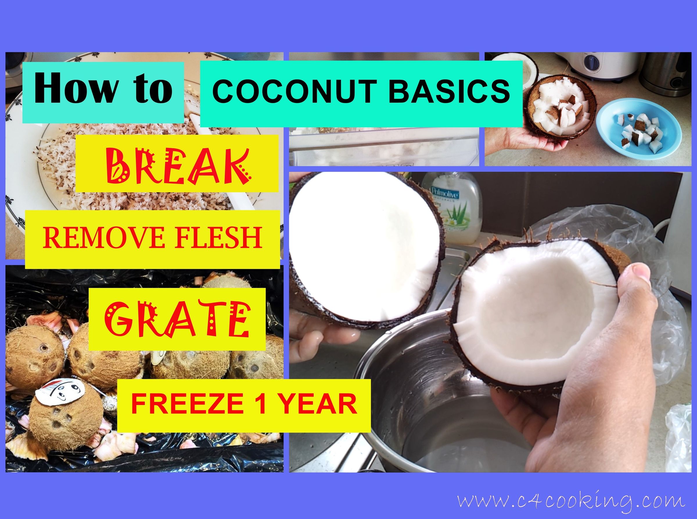 COCONUT BASICS - How to ( BREAK / REMOVE COCONUT MEAT / GRATE / FREEZE