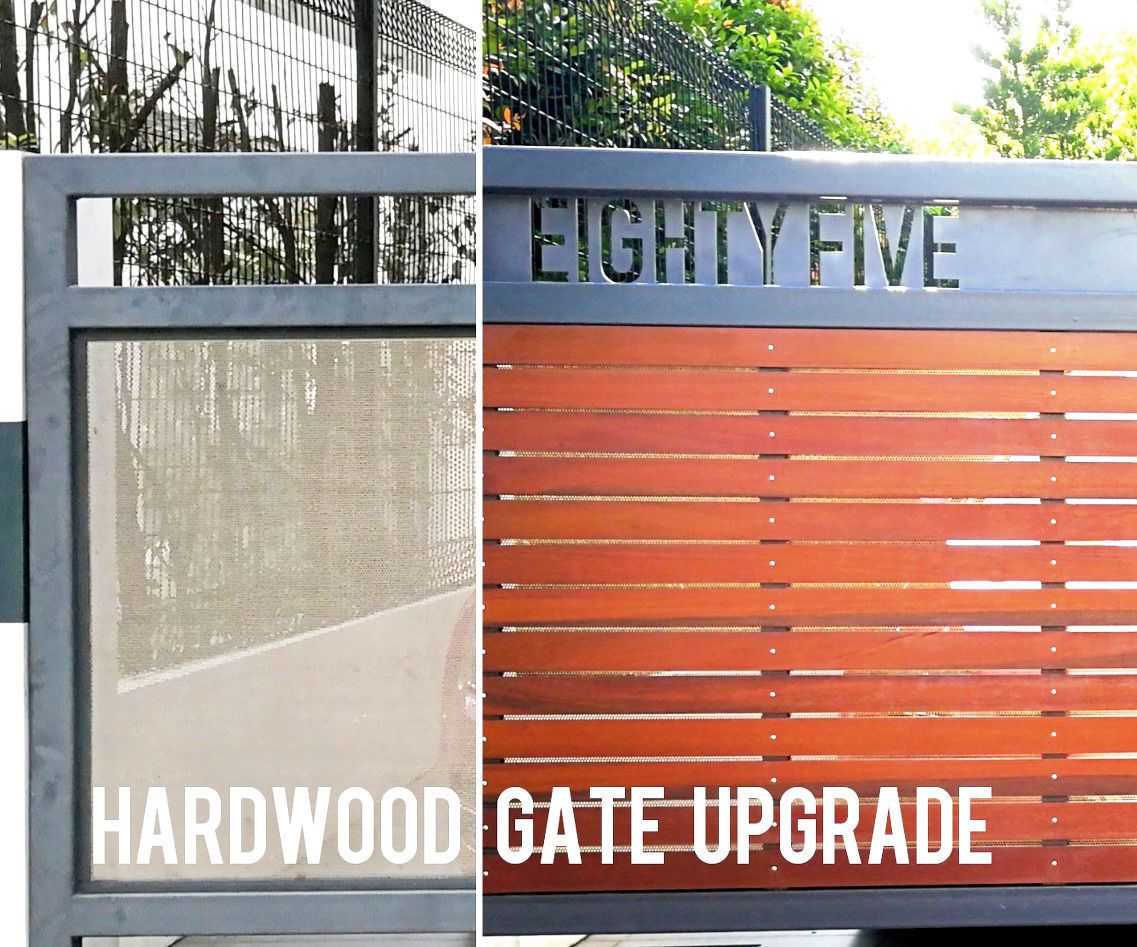Gate Upgrade With Hardwood Slats and Cut-out House Numbers