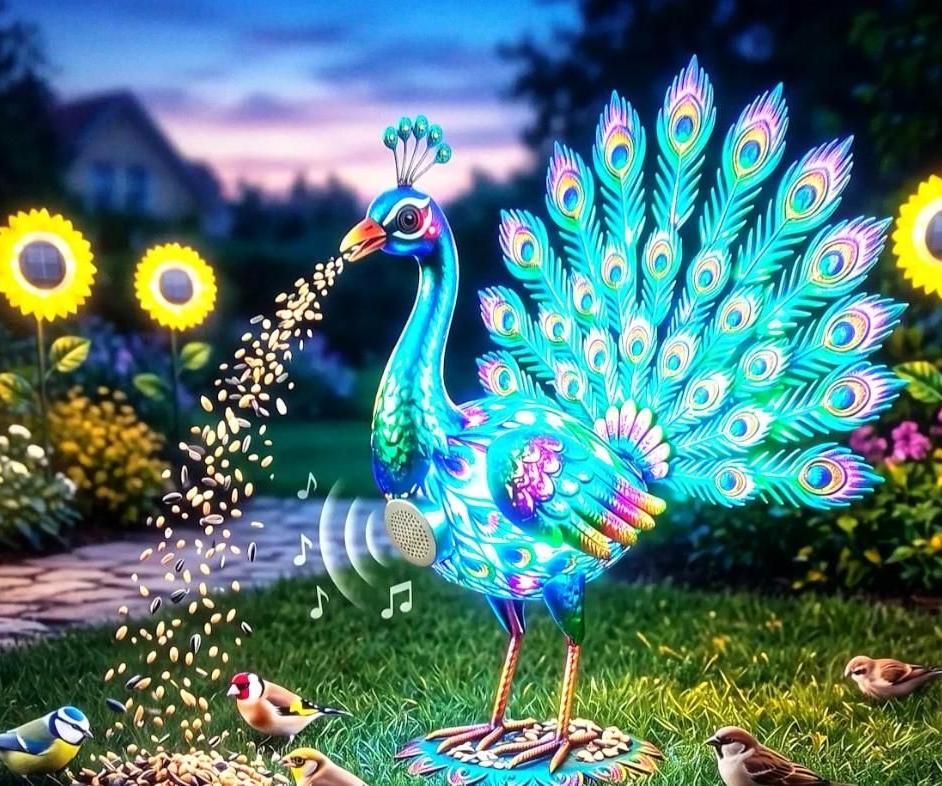 A Peacock That Is a Bird Feeder/bird Caller/camera to Take Videos and Take Pictures of the Birds/lawn Ornament and Glows Up at Night.