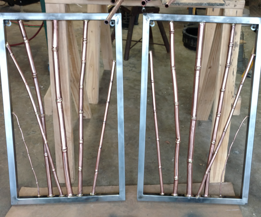 Copper and Brass Bamboo in Steel Frame Wall Hanging Sculpture
