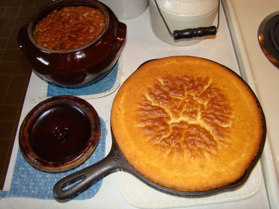Homemade BEAN POT Baked Beans & SKILLET Corn Cake.