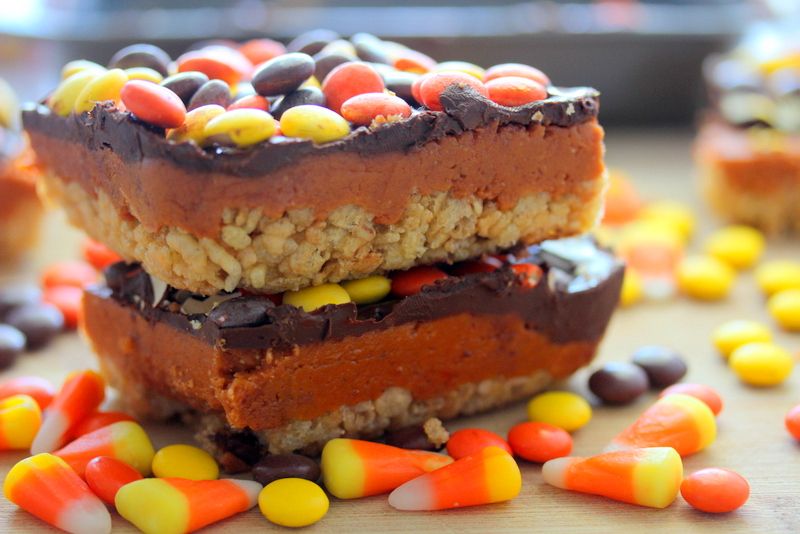 Chocolate Peanut Butter Candy Corn Crispy Bars