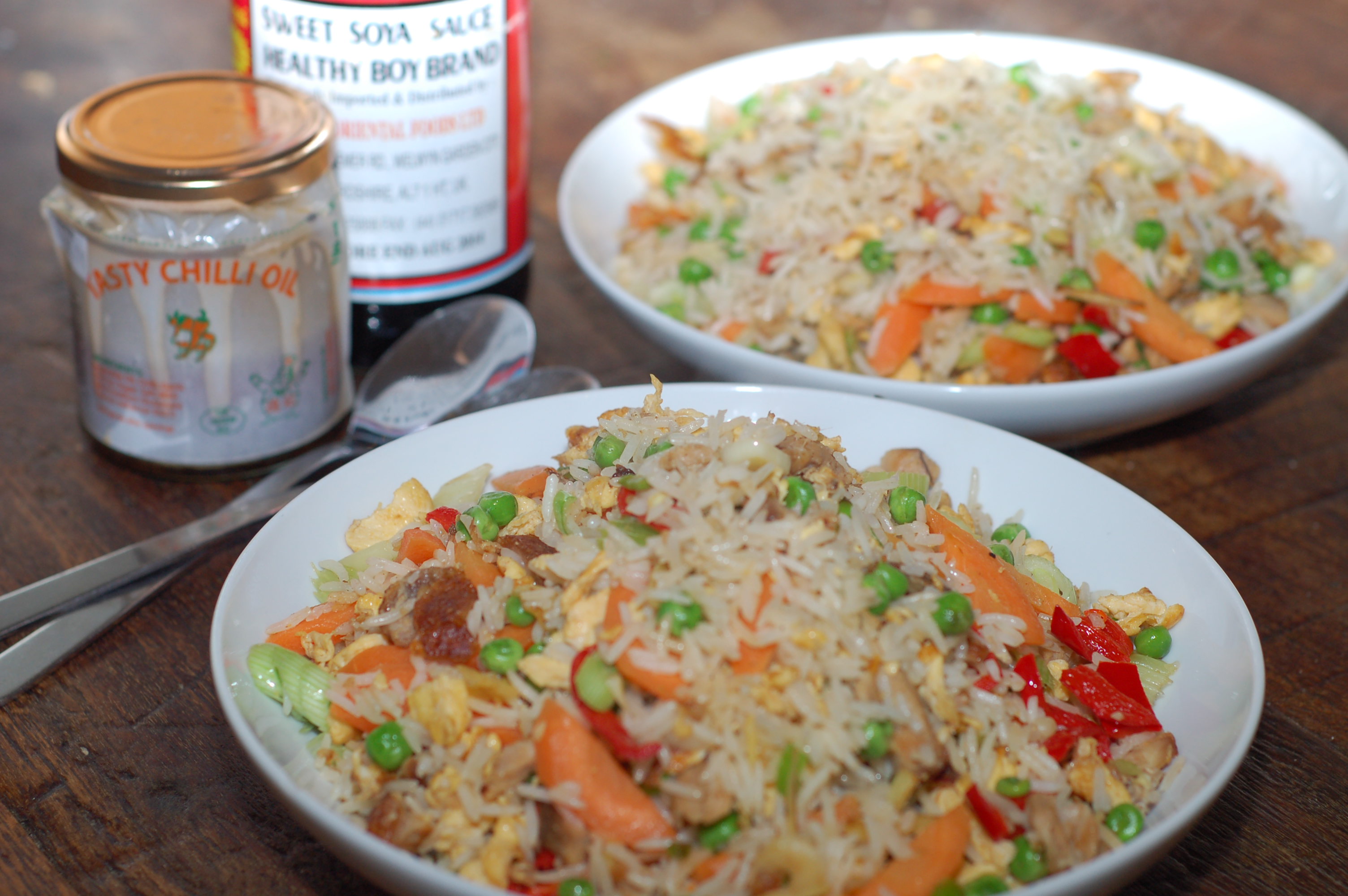 egg-fried rice with pork and vegetables