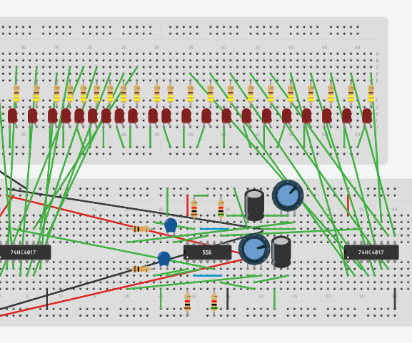 556 Time Provides Clock Input to 2 Decade Counters Which Will Drive 20 LEDS