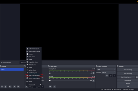 Click the “+” Under Sources, Click “Video Capture Device”, Then Click OK