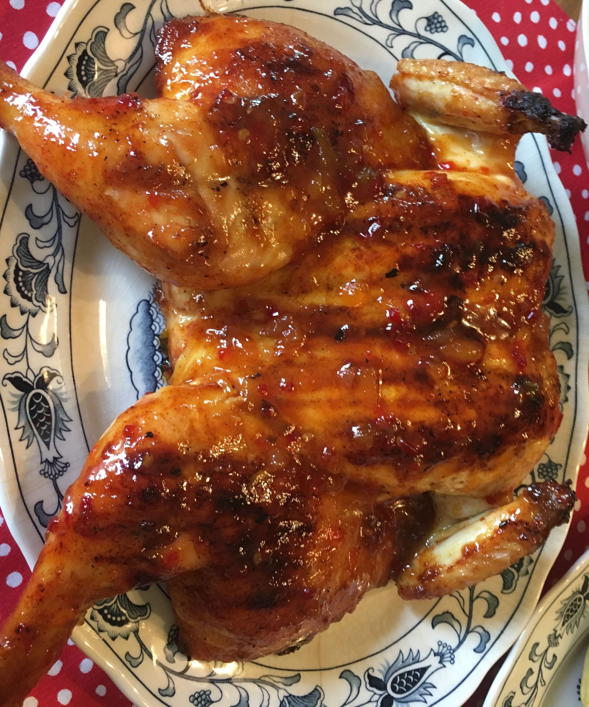 Drunken Chicken Under a Brick With Peach Jalapeño BBQ Glaze