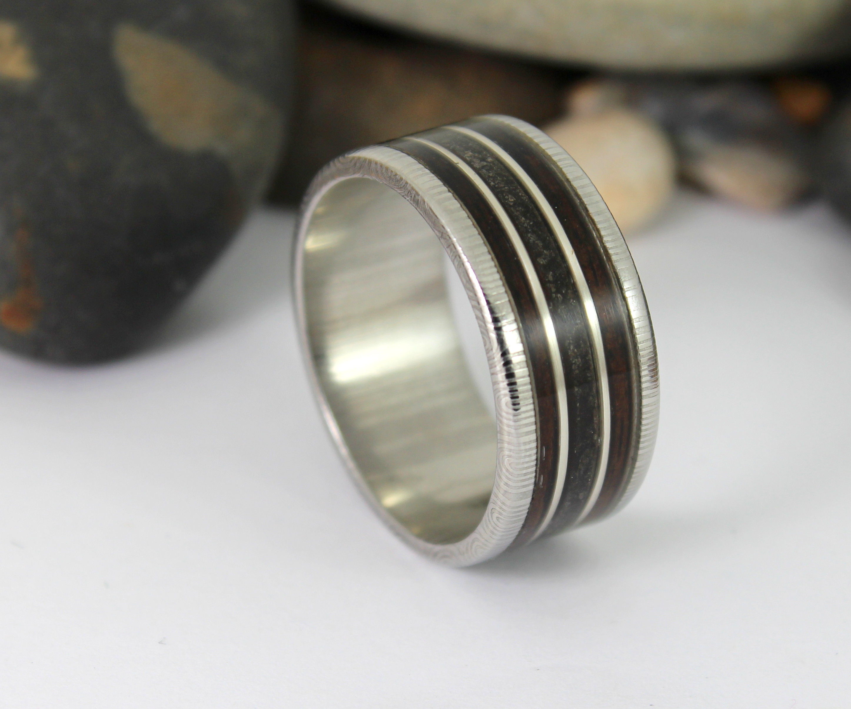 Damascus Steel Ring With a Real Megalodon Tooth