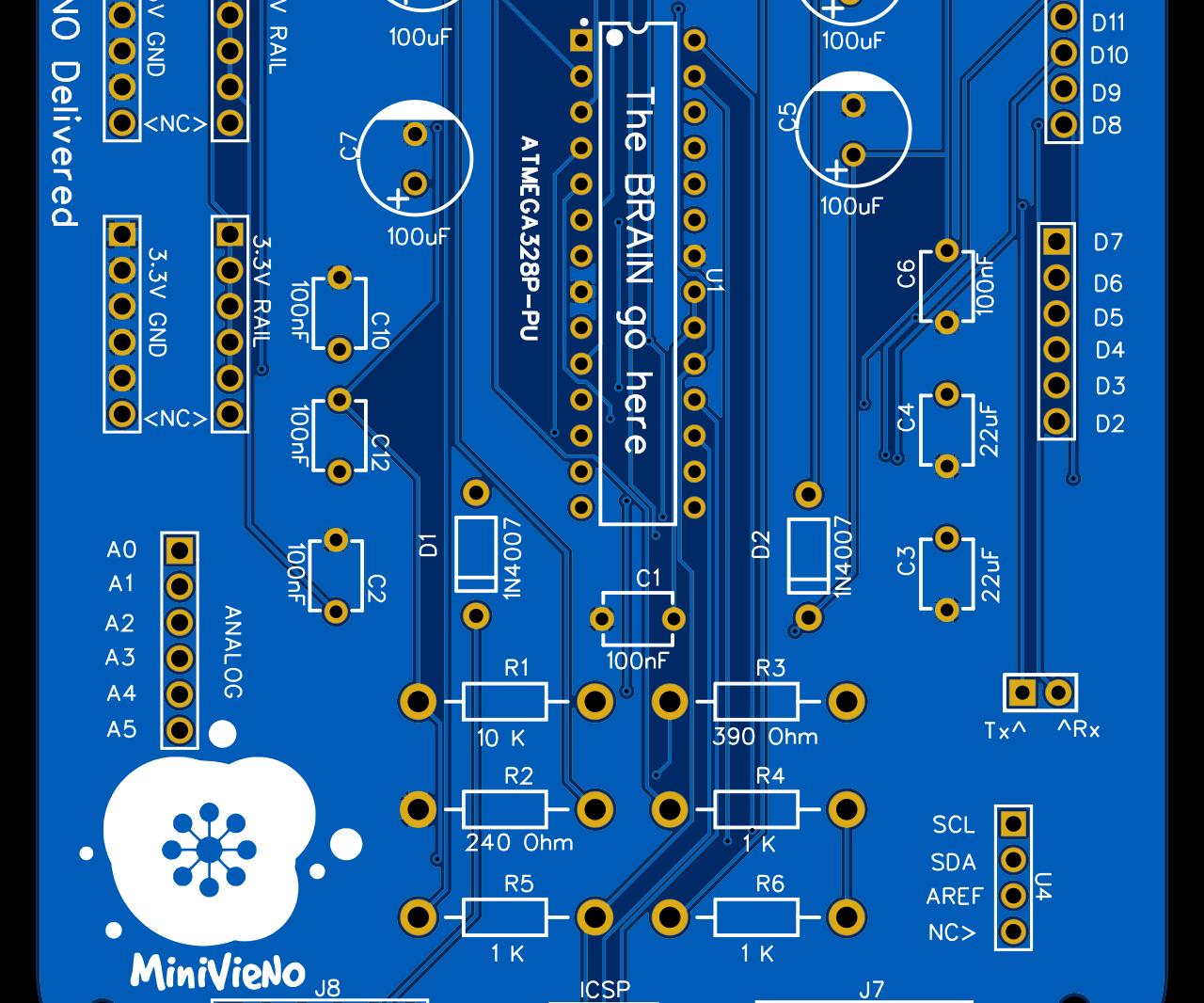 Custom DIY Arduino UNO R3 Full THT Board (MiniVieNO) With Enhanced ...