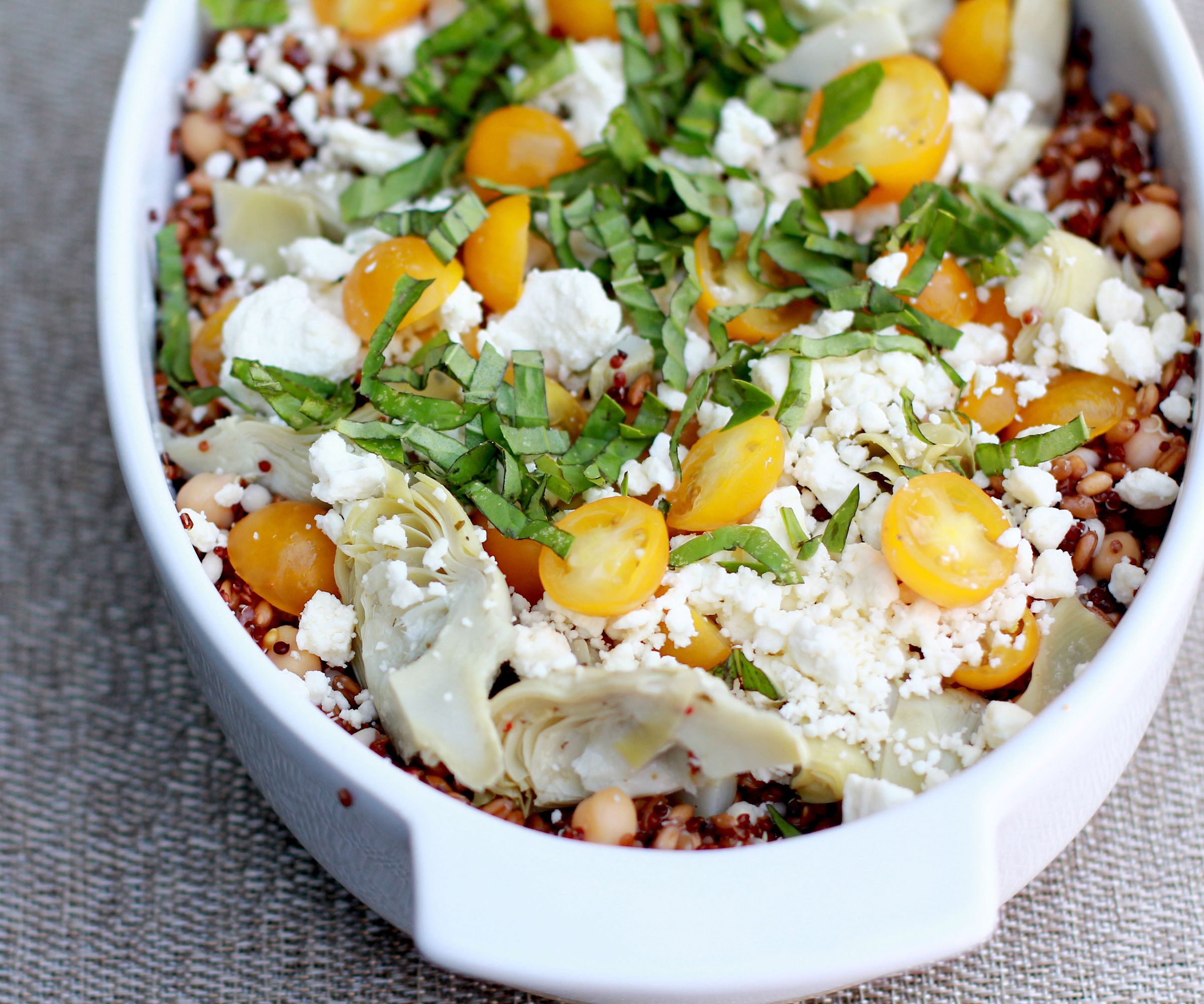 Wheat Berries, Barley, Quinoa, and Chickpeas With Golden Tomatoes, Artichoke Hearts, Feta, and Basil