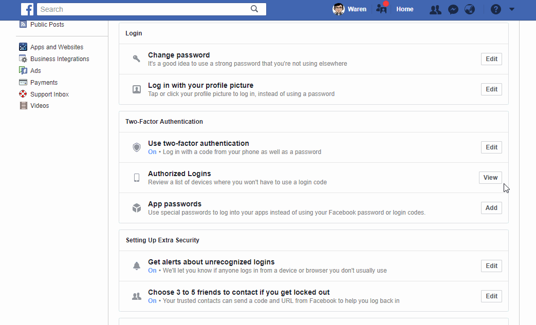 Facebook Security and Login Settings