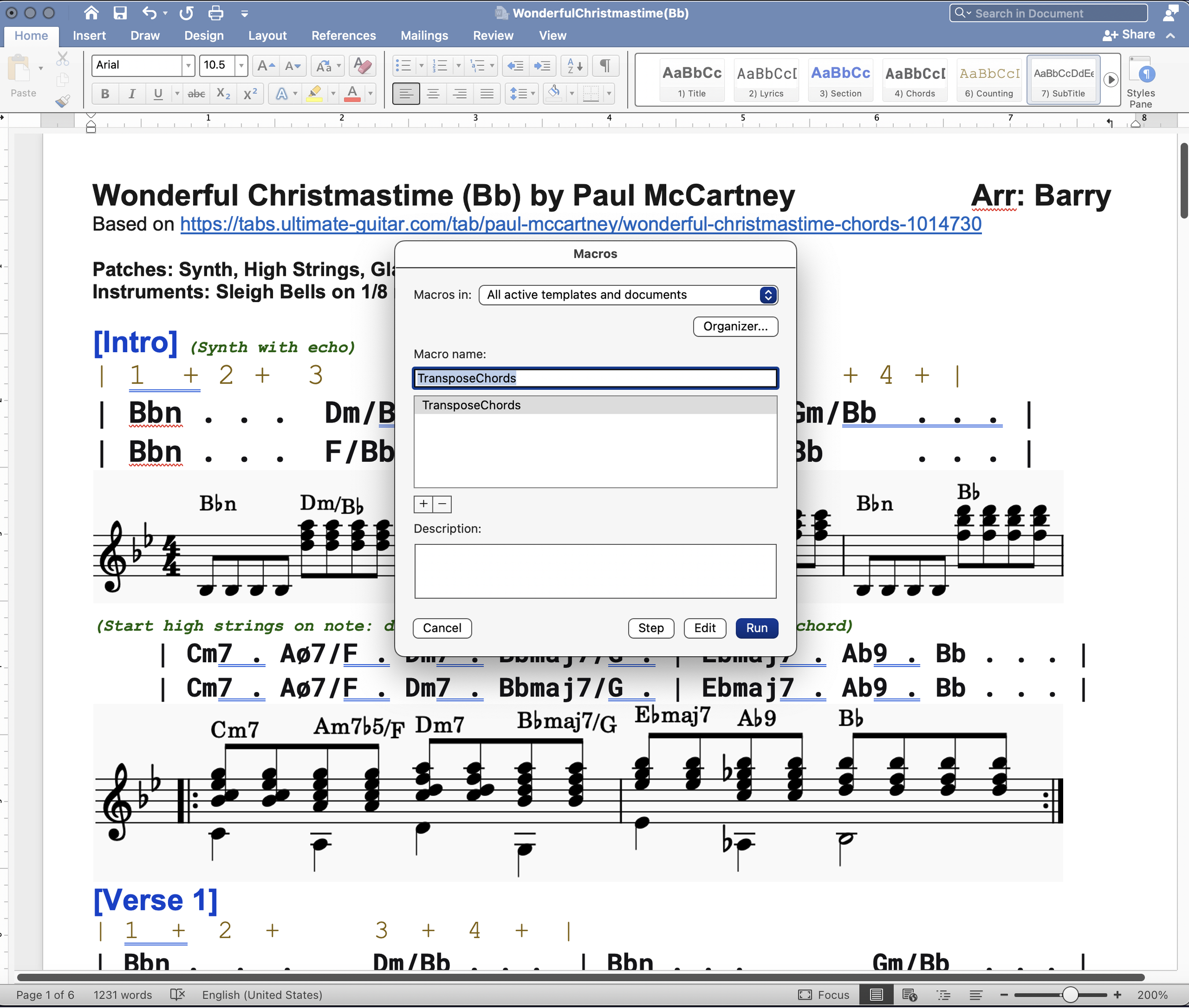 How to Create and Transpose Chord Charts With MS Word