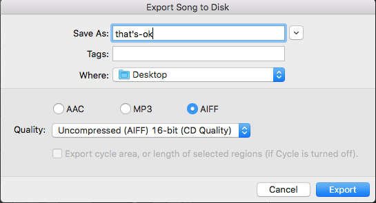 Export File From QuickTime Player to Garage Band