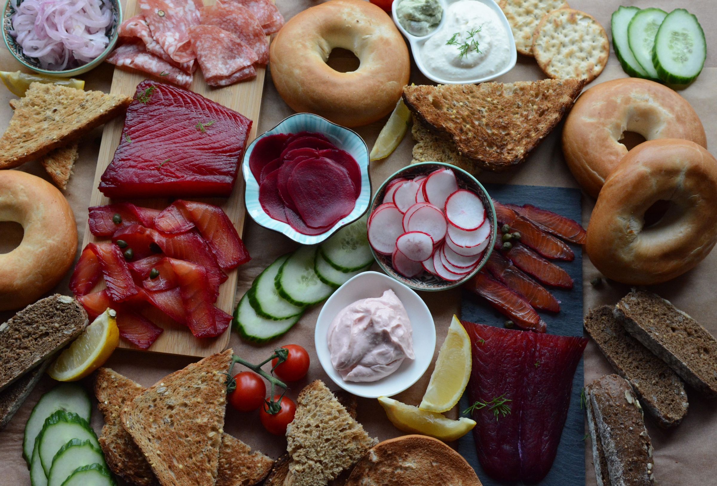 Beetroot and Blueberry Cured Salmon (Gravlax) for Breakfast Buffet