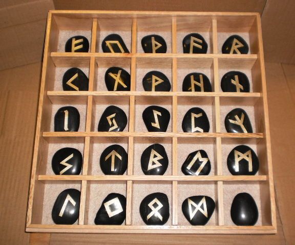 Engraved Stone Rune Set and Decorated Storage Box