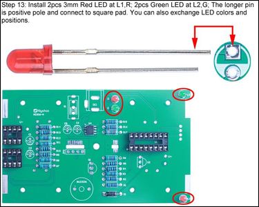 Install 2pcs 3mm Red LED at L1,R; 2pcs Green LED at L2,G