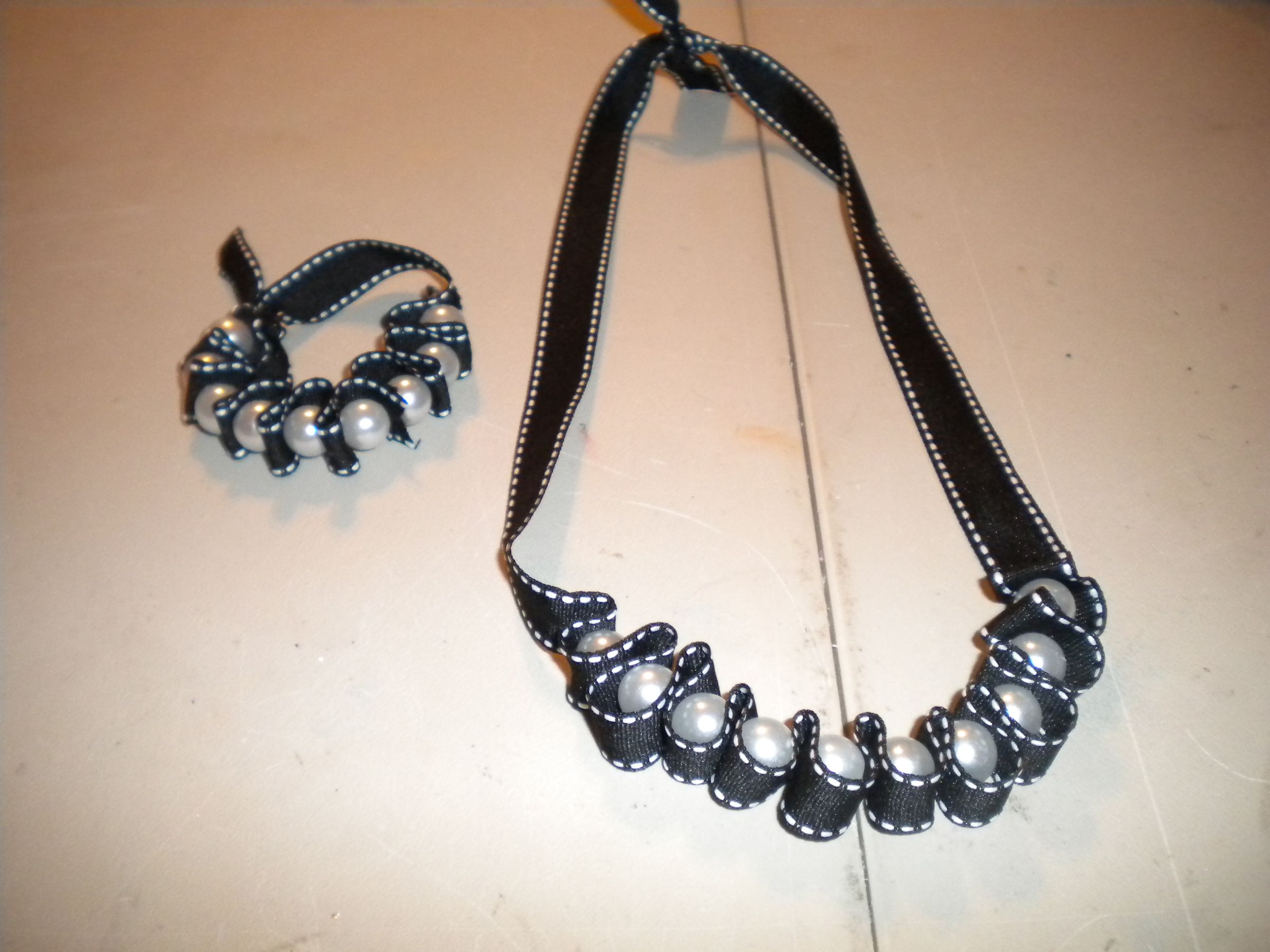 Ribbon and Pearl Necklace and Bracelet