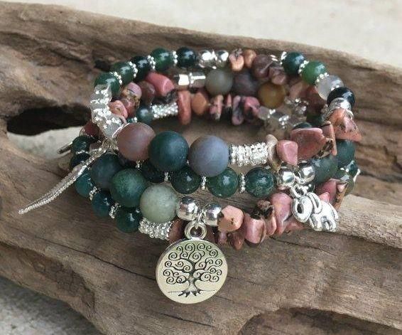 Gemstone & Charm Memory Wire Bracelet