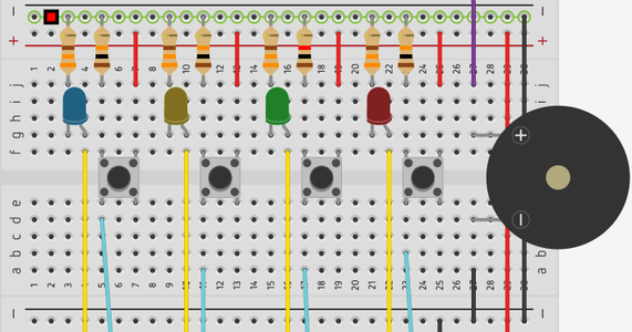 Place the LEDS, Buttons, Buzzer, and Resistors to the Breadboard