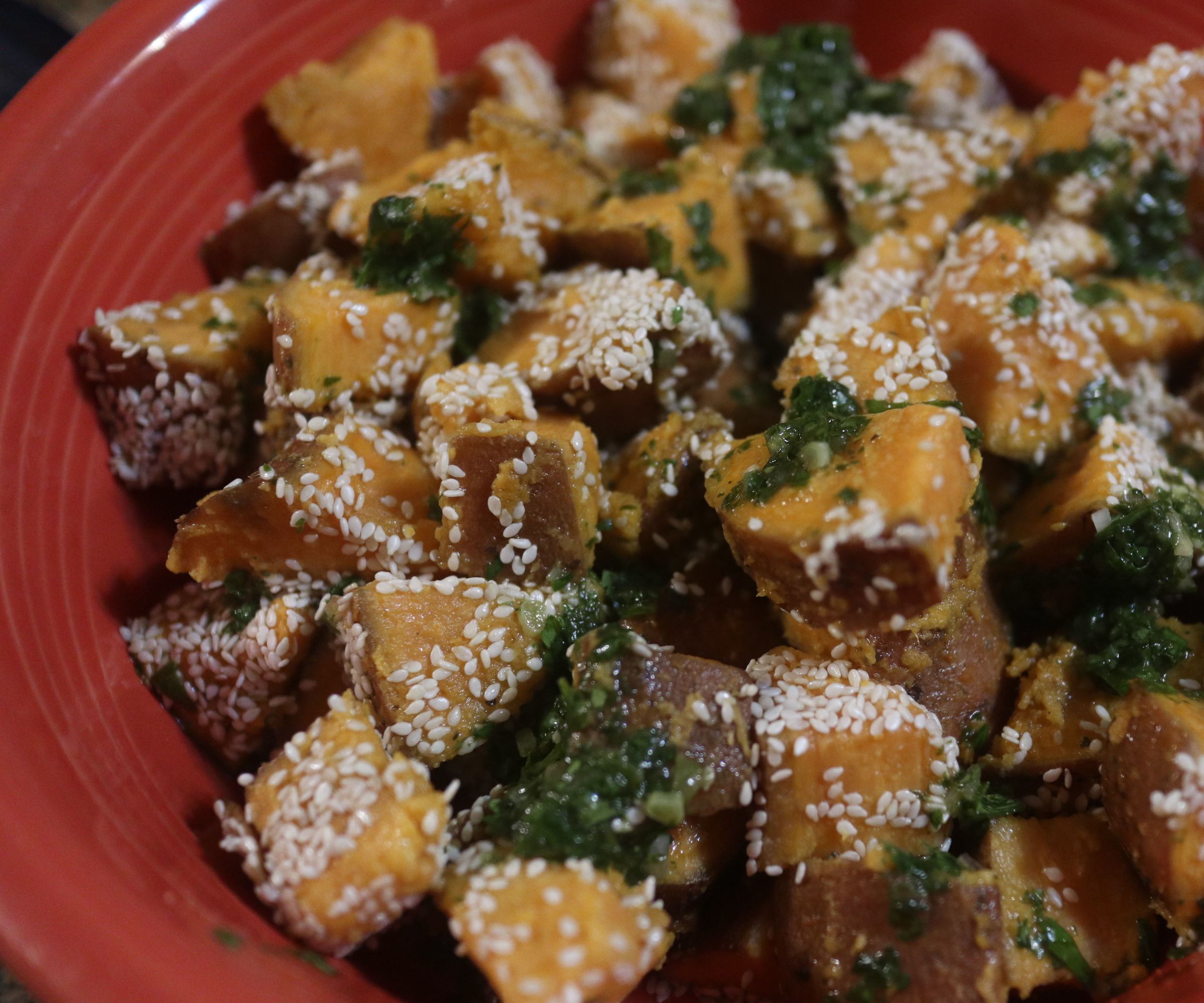 Steamy-saute- Sweet Potatoes With Sesame Seeds and Cilantro Lime Herb Salsa 