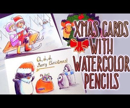 DIY XMAS CARDS With WATERCOLOR PENCILS: Kids on Sled + Santa Penguin