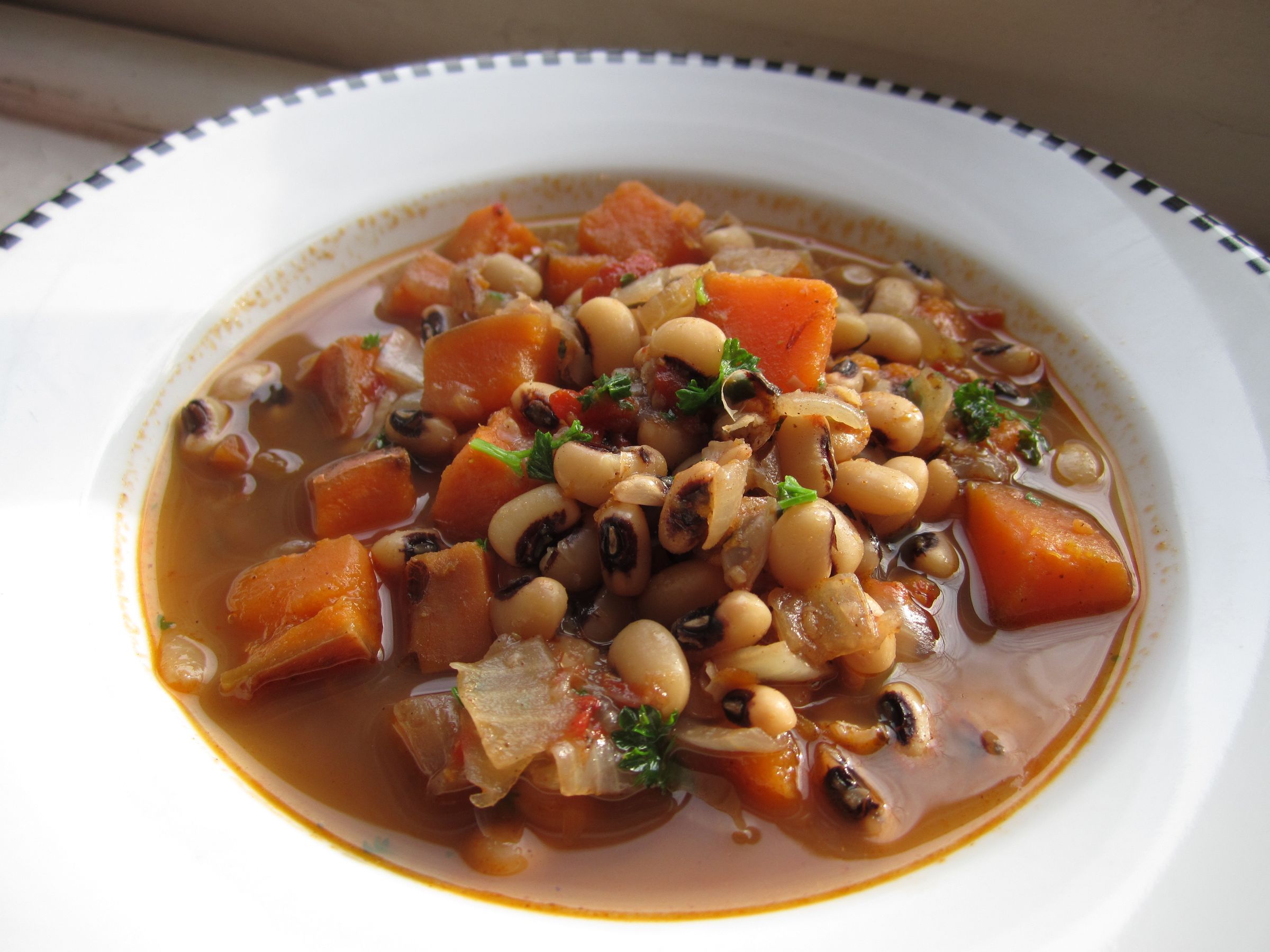 Spicy Sweet Potato and Black Eyed Pea Soup!