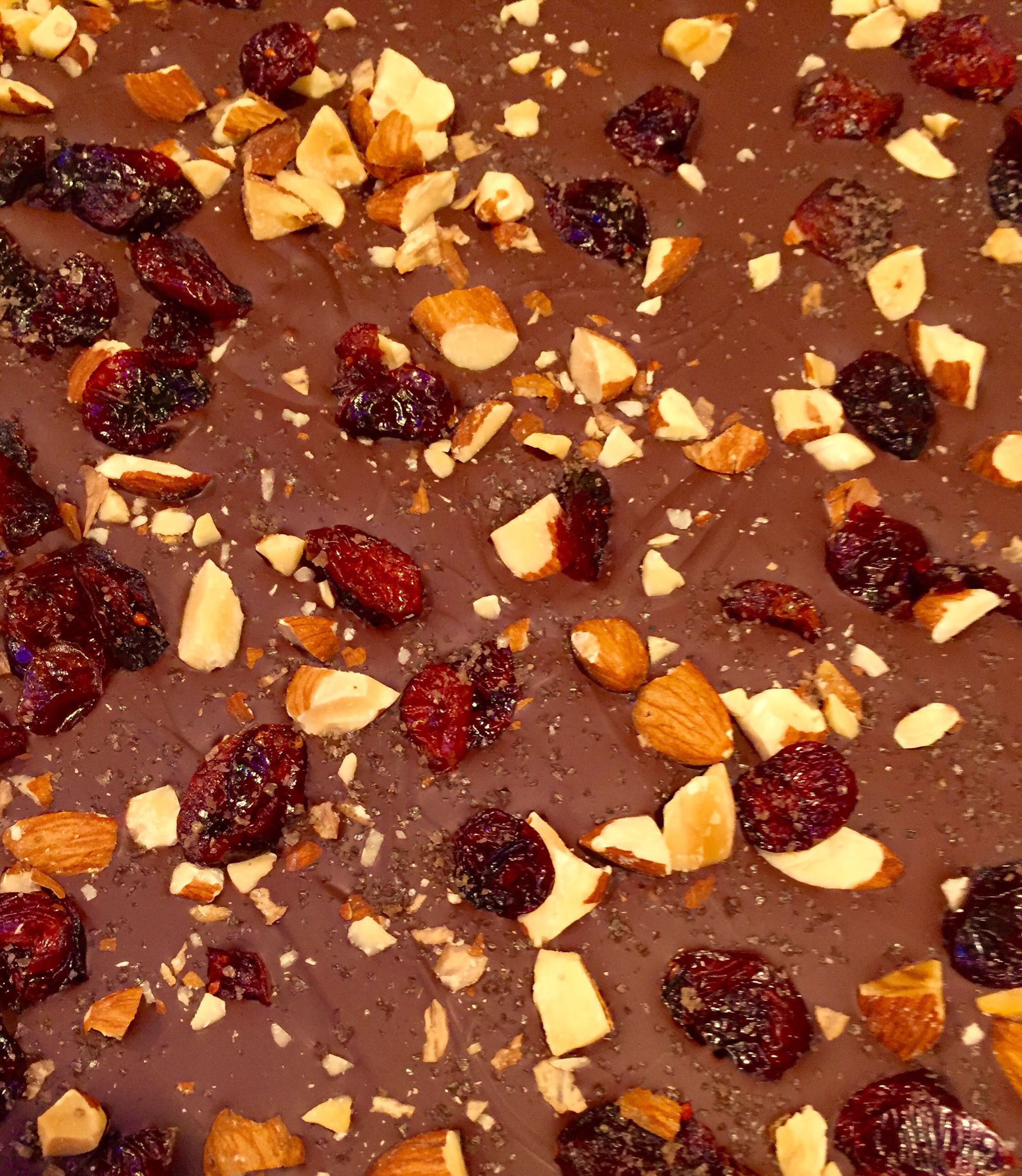 Bittersweet Chocolate Bark With Smoked Sea Salt, Roasted Almonds & Dried Cranberries