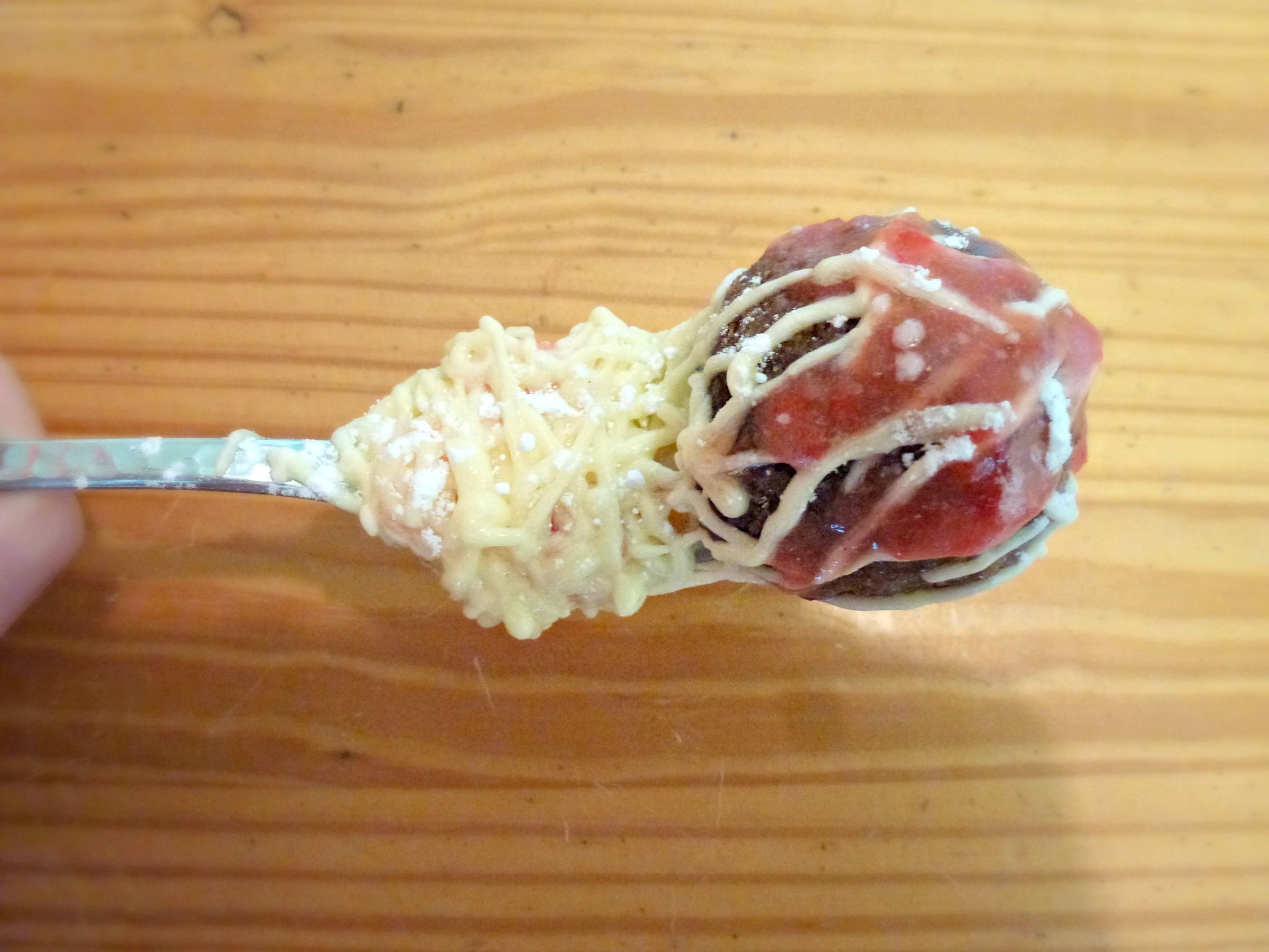 Dessert Spaghetti and Meatballs on a Fork